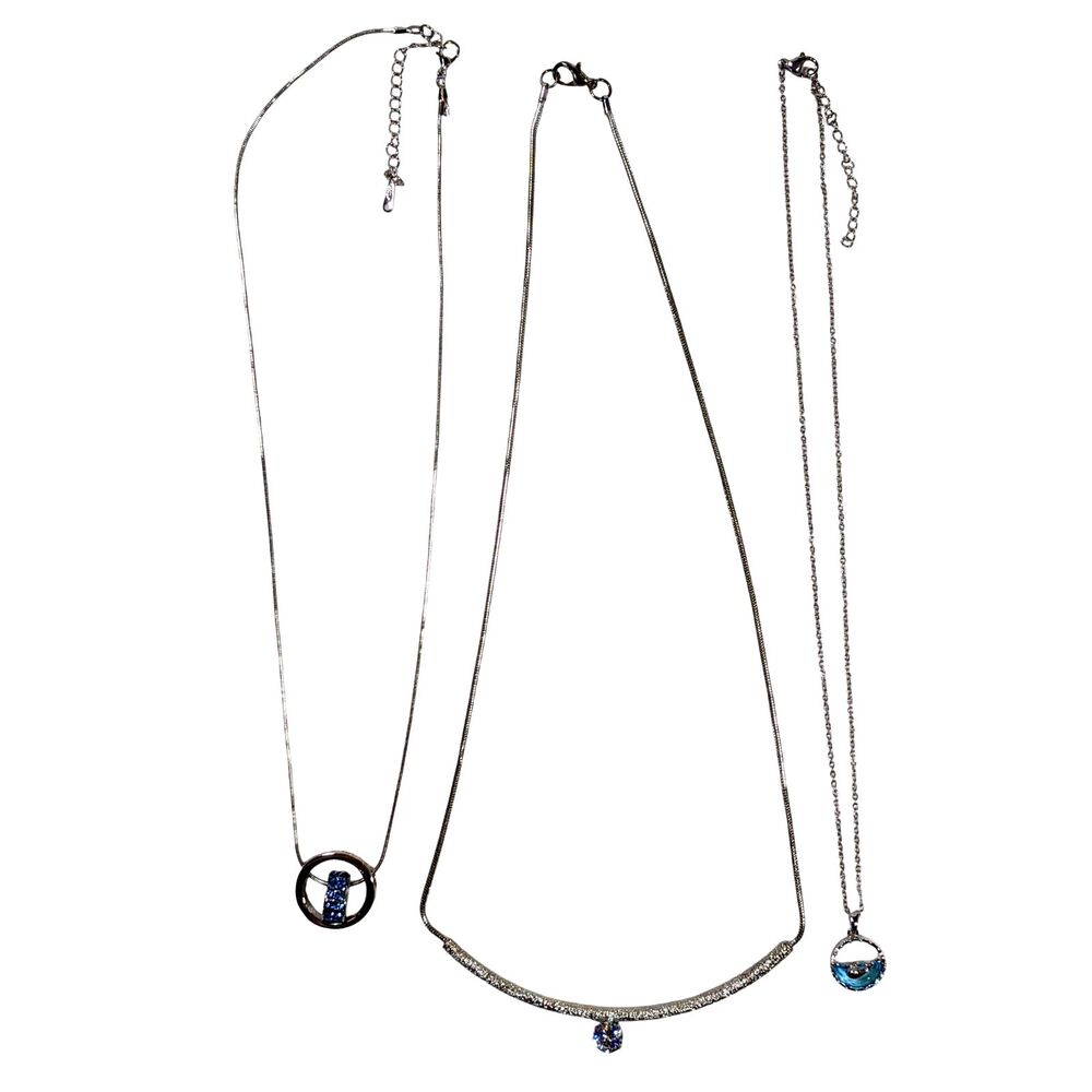 Silver Tone Necklace Lot Rhinestones Whale Heart Shiny Three Piece Coquette Glam